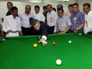 Chief Minister Omar Abdullah playing a shot after inaugurating Billiards Hall at Jammu Club on Friday.