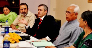 Governor N N Vohra and Chief Minister Omar Abdullah chairing the University Council meeting of KU at Raj Bhavan on Friday.