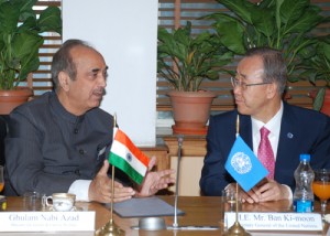 Union Minister for Health and Family Welfare Ghulam Nabi Azad interacting with UN Secretary General Ban-Ki-Moon at New Delhi on Thursday.