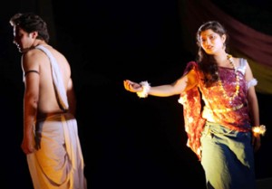 Rohitashiv Sharma and Neha Lahotra in a scene from Tagore’s play ‘Chitra’ staged on Saturday.