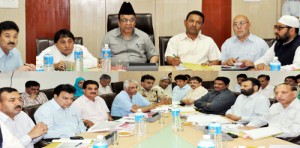 Minister for Finance & Ladakh Affairs, Abdul Rahim Rather alongwith Minister for Tourism & Culture Nawang Rigzin Jora and Minister for CA&PD & Transport, Qamar Ali Akhnoon at a review meeting of stock & supply position for Ladakh at Jammu on Tuesday.