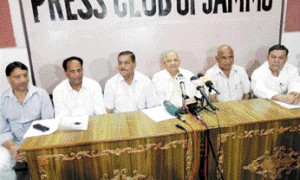 Rebel BJP members at a joint press conference at Jammu on Friday.        —Excelsior/Rakesh
