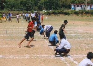 Students display skills during kho-kho competition of Bhalwal Zone on Thursday.