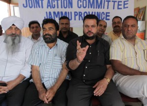 GEJAC members addressing joint Press conference in Jammu on Saturday.    