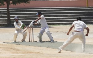 Batsman trying to guide the ball towards third-man area during a match between Kashmir Cricket Club and Shashi Pac Club at Parade ground on Friday. 
