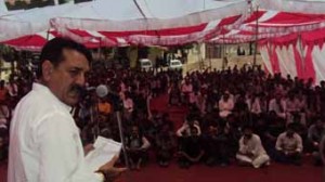 MLC Jugal Kishore Sharma addressing a gathering at Maitra, Ramban on Tuesday.