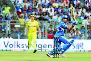 Mumbai Indian batsman Sachin Tendulkar batting in action against Chennai Super Kings in Mumbai on Sunday. (UNI)