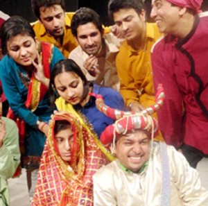 A scene from Balwant Thakur's Dogri play 'Suno Eh Kahani', presented at Natrang's weekly Sunday Theatre.
