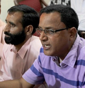 Leaders of CNGEEU during a press conference at Jammu on Sunday.