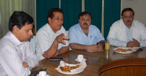 Minister for Medical Education, R.S. Chib interactig with other officials during meeting on Saturday.