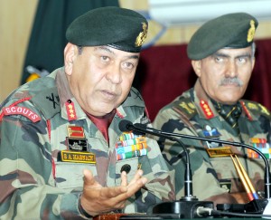 Outgoing General Officer Commanding Chinar Corps, Lt. Gen Syed Atta Hasnain addresses a joint press conference along with his successor Lt. Gen Om Prakash in Srinagar on Friday.