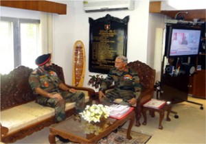 Army chief Gen Bikram Singh with GOC-in-C Lt Gen K T Parnaik in Udhampur on Friday.