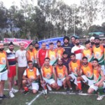 Players of Waryam Singh Club posing for a group photograph along with officials after they hold Mighty Khalsa Club Jammu to 2-2 draw on Sunday.