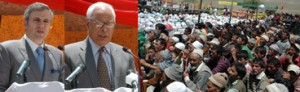 Governor, NN Vohra and Chief Minister Omar Abdullah addressing public gathering at Kargil on Tuesday.