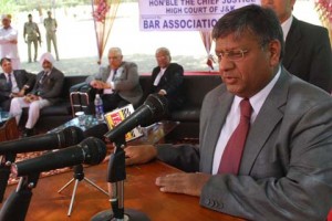 Chief Justice M M Kumar addressing a function organized by the Bar Association Jammu at High Court complex on Friday.		