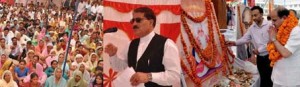 Deputy Chief Minister Tara Chand paying floral tributes to Bhagat Kabir and Advisor to CM, Mubarak Gul addressing a gathering at Kabir Temple, Janipur on Monday.