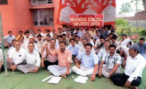 Electric employees of Hiranagar protesting against the PDD authorities at Hiranagar on Friday.