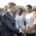 Chief Minister Omar Abdullah interacting with JK Bank Footballers during valedictory function of J&K Police Martyrs Football Tournament at Srinagar on Wednesday.