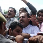 BJYM activists protesting at Dogra Chowk on Wednesday. 