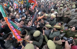 BJP activists protesting outside Raj Bhawan, Jammu on Saturday. -Excelsior/Rakesh