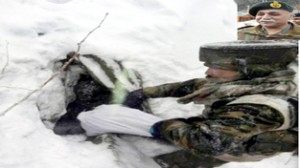 An Army jawan recovers arms from under snow at LoC in Kupwara district. (Inset) GOC Maj Gen J S  Sandhu (UNI)