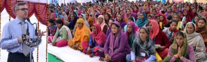 Chief Minister Omar Abdullah addressing UMEED members at Chenani on Wednesday.