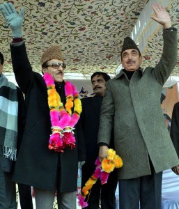 Union Minister for Health Ghulam Nabi Azad along with State Congress chief Prof Saif-ud-Din Soz wave to party workers during a rally at Shangus in Anantnag district on Saturday. -Excelsior/Sajad Dar