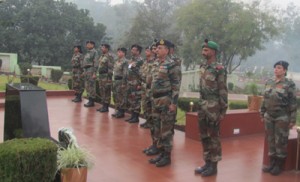 Deputy JAG, Brig Praveen Kumar Sharma laying wreath at War Memorial in Northern Command on Saturday.