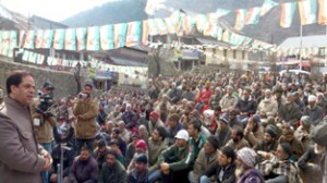 Minister of State for Power, Vikar Rasool Wani addressing public gathering at Banihal on Sunday.