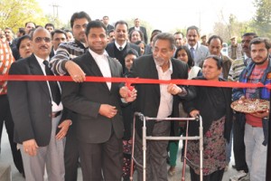 Specially-abled advocates, Suraj Singh and  Rajeev Bhushan Sharma inaugurating elevator at Court Complex Janipur on Friday.
