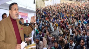 Minister for PHE, Sham Lal Sharma addressing one-day convention of INTUC at Udhampur on Sunday.