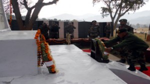 GOC Ace of Spade Div Maj Gen V P Singh laying wreath at Shaheed Samarak, Balnoi in Mendhar. -Excelsior/Harbhajan