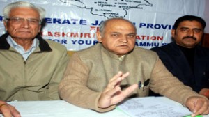 Prof Virender Gupta, president, Jammu State Morcha along with his party leaders addressing a press conference on Wednesday.—Excelsior/Rakesh