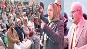 Minister for Social Welfare Sakina Itoo and NC Additional General Secretary Mustafa Kamaal addressing public gathering in Poonch district on Sunday.