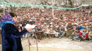 PDP president Mehbooba Mufti addressing public rally at Taad in Karnah on Monday.