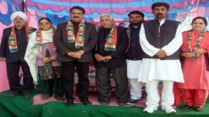 Former MP Janak Raj Gupta, MLC Jugal Kishore and others at Congress delegates convention in Vijaypur on Sunday.