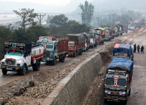 A long queue of trucks stranded at Nagrota due to blockade of National Highway on Tuesday. (More pics on page 7)— Excelsior/Rakesh