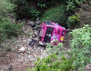 The ill-fated vehicle lying in gorge at Manda on Wednesday.—Excelsior/Rakesh