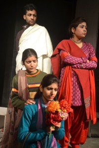 A scene from the play ‘Uthal Puthal’, staged by Natrang on Sunday.