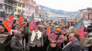 BJP workers protesting at Bhaderwah on Wednesday. —Excelsior/Tilak Raj