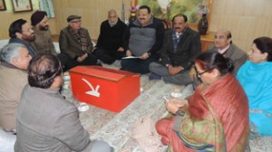 Provincial president NC Devender Singh Rana chairing core group meeting at Sher-e-Kashmir Bhawan on Wednesday.