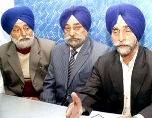 SAD National working president Gurdev Singh and others addressing a press conference at Jammu on Tuesday. -Excelsior/Rakesh