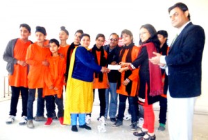 Children receiving prize after completion of skit competition on water and sanitation organized on Wednesday.