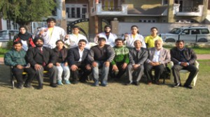 Medal winners posing alongwith the coaches and the office bearers of J&K Judo Association during felicitation function in Jammu.