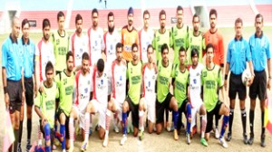 J&K Football team posing for photograph after holding HP to goalers draw in Santosh Trophy at Jammu.