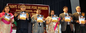 Minister for Higher Education, Mohammad Akbar Lone and other dignitaries releasing Newsletter during annual day celebration at GCW Gandhi Nagar in Jammu. 