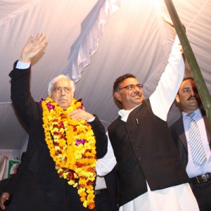 PDP patron Mufti Mohd Sayeed waving to gathering of prominent citizens at Jammu on Saturday.