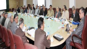 Chief Minister Omar Abdullah chairing State Higher Education Council meeting at Jammu on Tuesday.