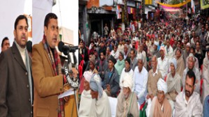 Minister for PHE Sham Lal Sharma and MP Madan Lal Sharma addressing public gathering at Jourian on Saturday.