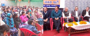 Shamsher Singh Manhas, Dr Jitendra Singh, MLA Durga Das and other BJP leaders at the 'Booth Sammelan' held at Kathua on Sunday.